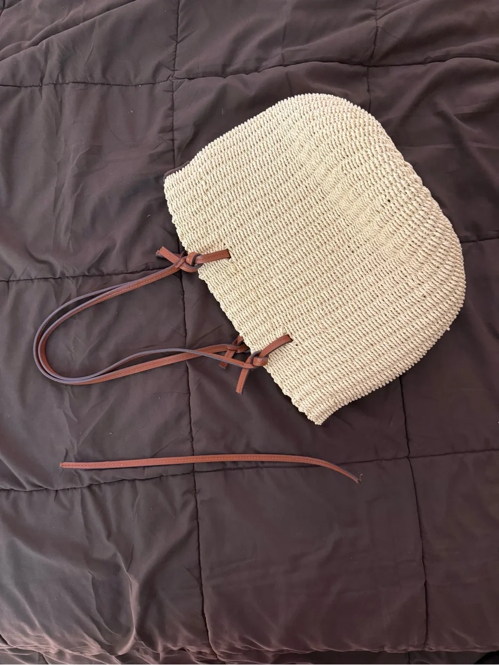 Mango Woven Straw Raffia Tote Bag Cream Leather Handles Summer Beach Bag - Picture 5 of 5